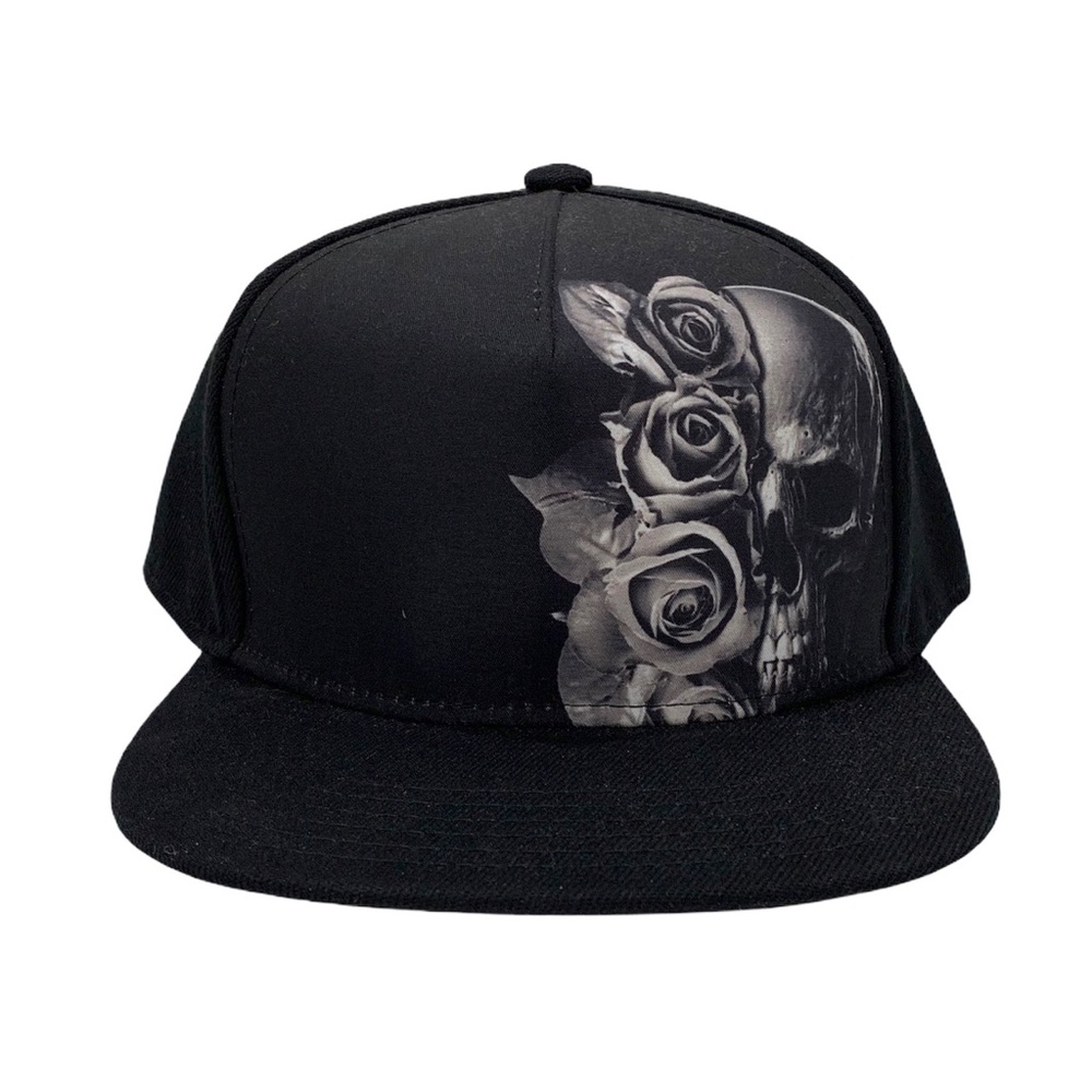 Tokes Hat Skull Floral Rose Flat Brim Black